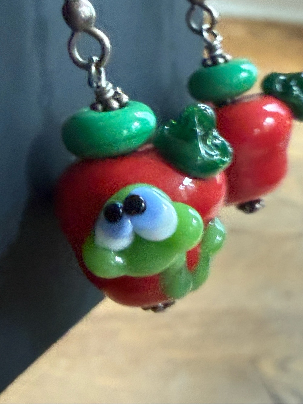 Whimsical Apple Worm Lampwork Glass Bead Earrings